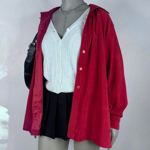 Cherry Girl Red Vintage 90s Y2K Mirco Suede Button Shirt/ Lightweight Jacket 2X - Picture 1 of 8